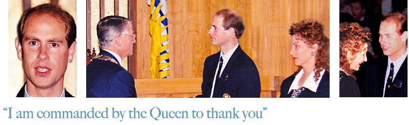 Pictures of Prince Edward and Bonnie Chapman with the quote "I am commanded by the Queen to thank you."